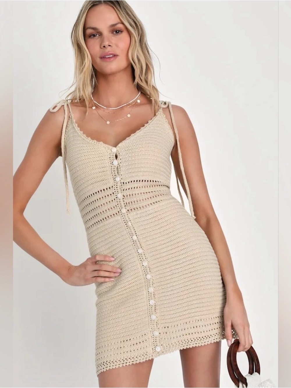 Olive & Oak Cream Crochet Button-Front Tie-Shoulder Dress